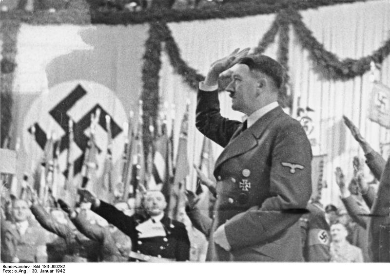 Adolf Hitler salutes after his speech in Berlin's Sportpalast